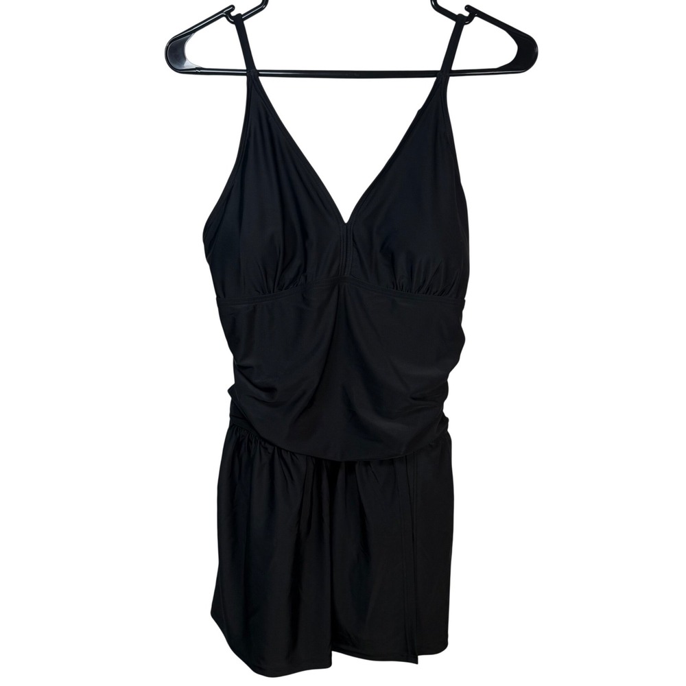 NWOT Black 1pc Swimdress L UPF 50+ Ruched Tummy Control Removable Cup Adjustable